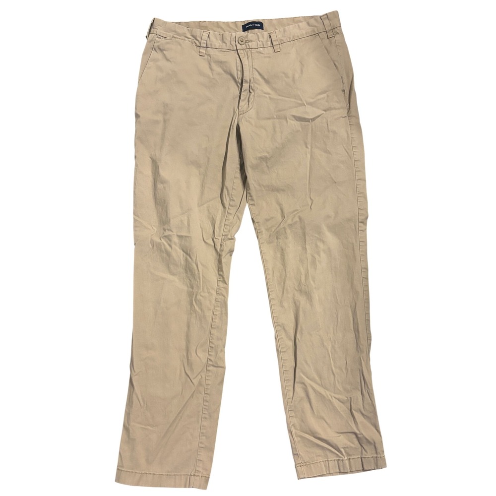 Nautica Mens Tan Khaki Chino Pants Stretch Cotton Flat Front 36W 32L